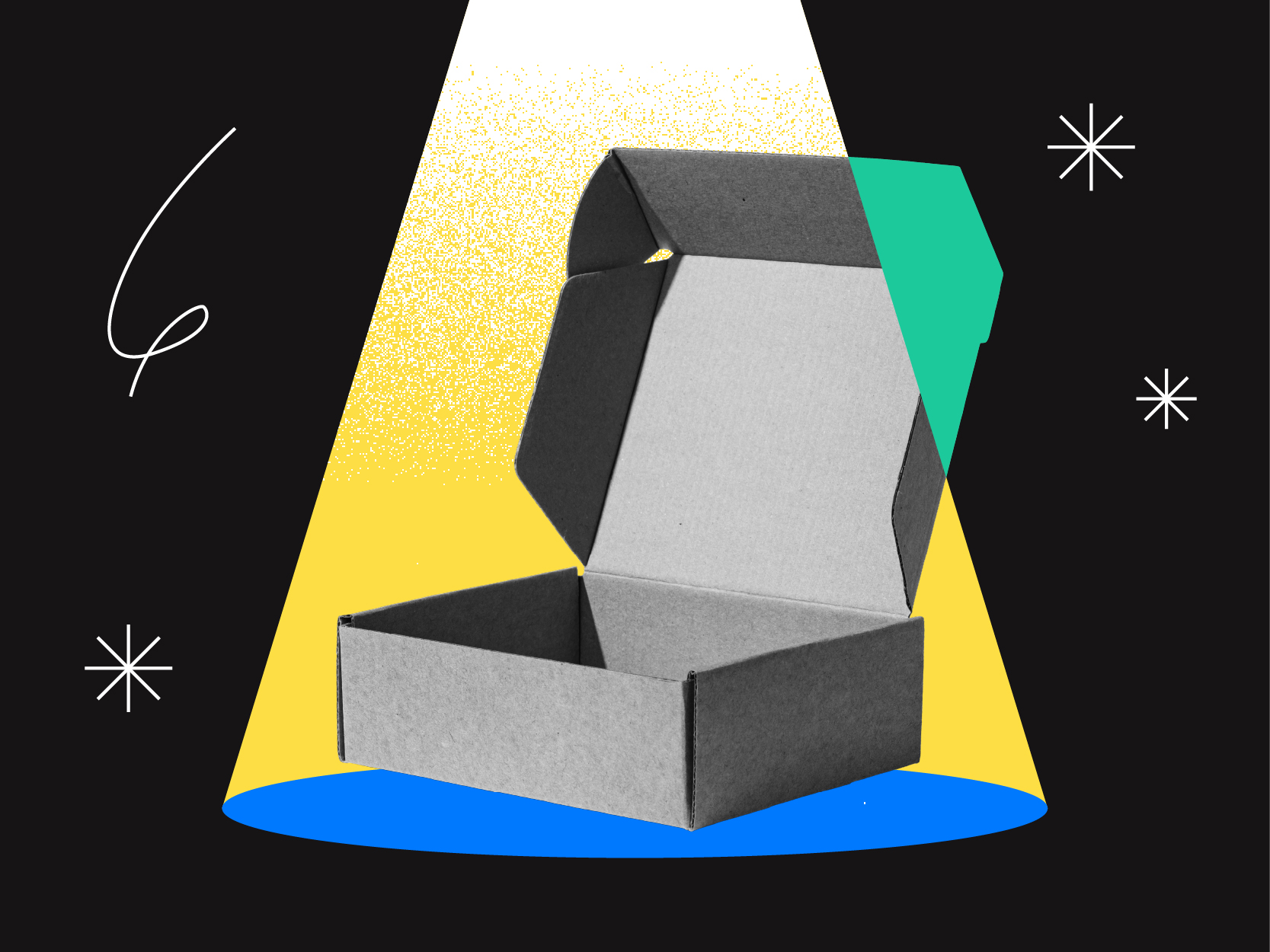Une boîte en carton grise, qui illustre un design d'emballage innovant, est ouverte sous un projecteur puissant, sur un fond noir entouré de formes et de lignes abstraites jaunes, bleues et blanches.