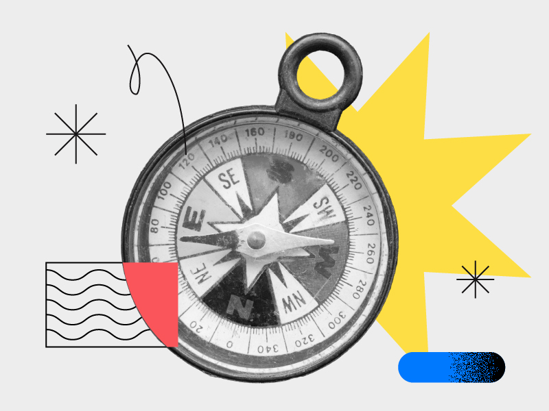 Une boussole vintage est placée au centre d'un fond blanc orné de formes abstraites, notamment un rayonnement jaune, des lignes noires, un demi-cercle rouge et des touches de bleu et de noir, mettant ainsi en avant le graphisme audacieux comme levier stratégique de la narration visuelle.