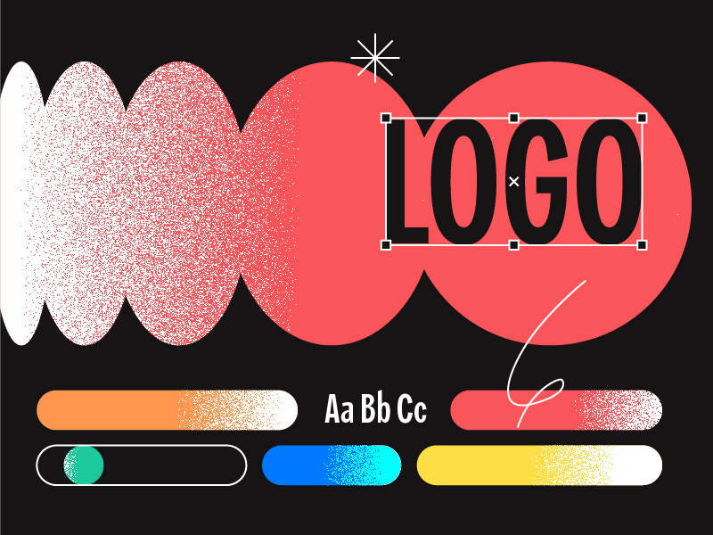 Motif abstrait composé de cercles rouges qui se chevauchent sur fond noir, dont l'un comporte le mot « LOGO » en caractères gras. En dessous, des barres aux dégradés colorés et le texte blanc « Aa Bb Cc » mettent en avant l'identité de la marque grâce à des conseils de branding modernes.