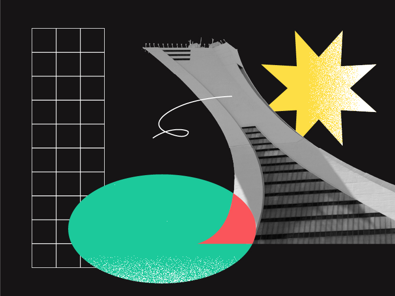 Collage abstrait composé d'une grille, d'un bâtiment aux lignes courbes, d'une forme ovale verte et rouge, d'un rayonnement jaune et de gribouillis blancs, le tout sur fond noir.