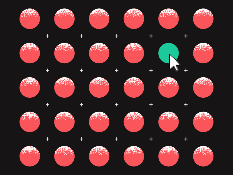 Une grille composée de cercles rouges en demi-teintes sur fond noir, parmi lesquels un cercle vert est mis en évidence par un curseur d'ordinateur blanc — proposant des conseils pour choisir un graphiste. De petits signes « + » remplissent les espaces entre les cercles.