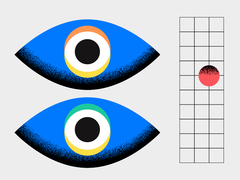 À gauche, on voit deux yeux bleus stylisés entourés d'anneaux colorés autour des pupilles. À droite, une grille contient un seul cercle rouge ombré dans sa partie supérieure, illustrant visuellement la distinction entre l'image de marque et le positionnement sur un fond gris clair.