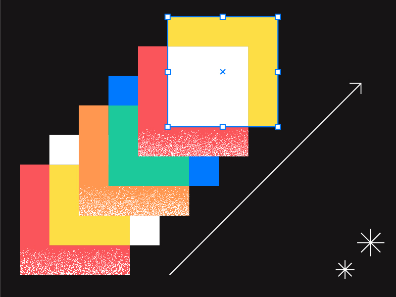 Cinq carrés texturés qui se chevauchent, de couleur jaune, rouge, verte, bleue et blanche, sont disposés en diagonale vers le haut sur un fond noir : un graphisme accrocheur rehaussé par une fine flèche blanche et deux étoiles situées à droite.