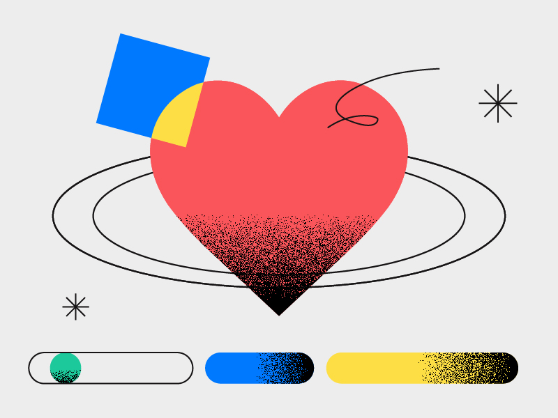 Illustration abstraite représentant un cœur rouge entouré d’anneaux rappelant des orbites, sur lequel se superposent un carré bleu et un cercle jaune. Trois barres stylisées aux dégradés de couleurs sont disposées en dessous, évoquant l’identité visuelle d’une marque et un lien émotionnel, le tout sur un fond clair parsemé de rayons noirs en forme d’étoile.
