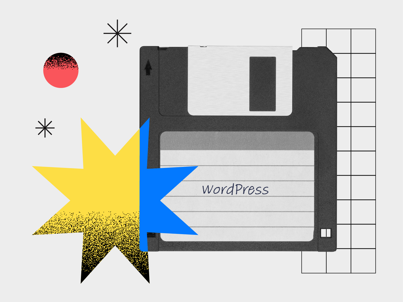Une disquette noire portant l'inscription « WordPress » est placée au centre d'un ensemble de formes abstraites, comprenant notamment un rayonnement jaune, un triangle bleu, un cercle rose, des astérisques noirs et un motif en quadrillage sur un fond clair.
