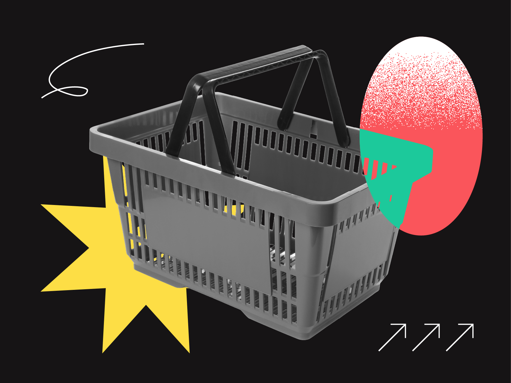 Un panier à provisions en plastique gris muni de poignées noires est placé au centre d'un fond noir, entouré de formes abstraites, illustrant des emballages alimentaires originaux et des concepts modernes d'emballage pour les magasins d'alimentation.