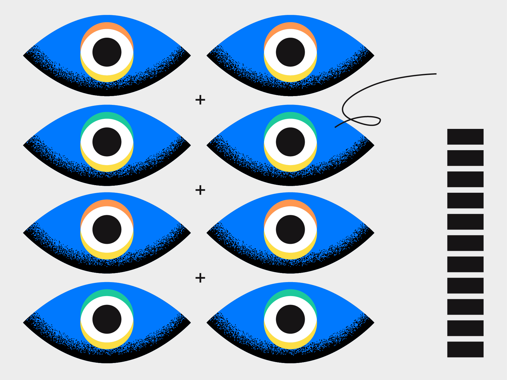 Six yeux bleus stylisés, répartis en trois paires, reliés les uns aux autres par un signe « + », évoquant les tendances actuelles du graphisme. Des cercles colorés entourent chaque œil, avec une ligne noire courbe en haut à droite et dix rectangles noirs superposés à l'extrême droite.