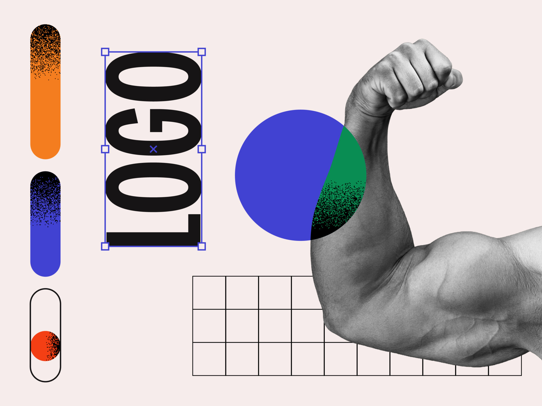 Un bras musclé se tend à droite, entouré d’éléments graphiques audacieux : le mot « LOGO » en grandes lettres verticales, des dégradés colorés et une grille — mettant en valeur les éléments essentiels d’une identité de marque sur un fond clair.