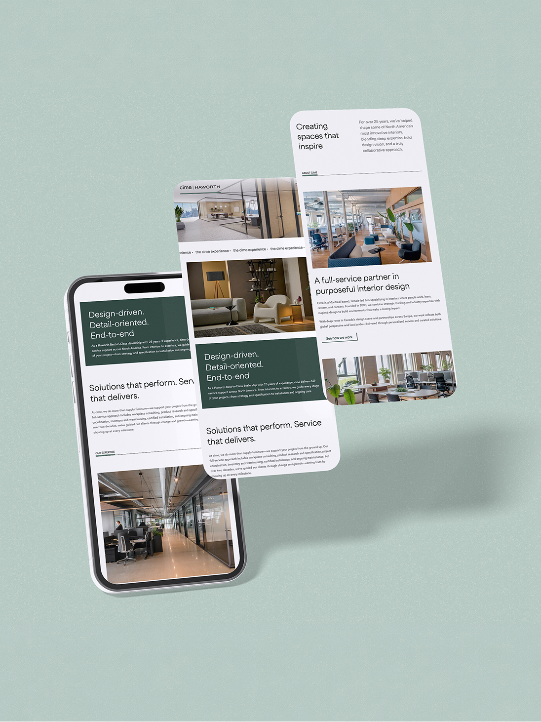 Deux smartphones affichent le site web moderne d'une entreprise de décoration d'intérieur, présentant des photos d'espaces de bureau élégants, les détails des services proposés et les valeurs de l'entreprise sur un fond vert minimaliste.
