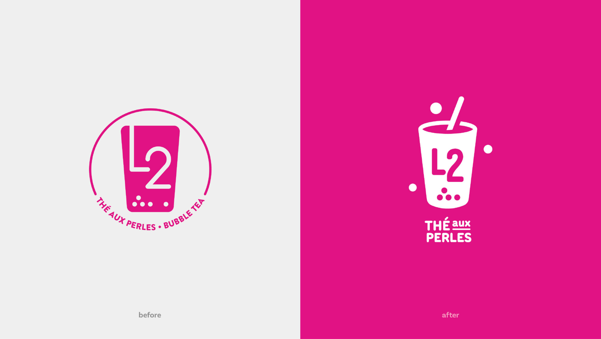 Comparaison côte à côte de deux logos de Bubble Tea : celui de gauche représente une simple tasse rose avec « L2 » et du texte tout autour ; celui de droite représente une tasse de Bubble Tea rose stylisée avec des bulles, une paille, « L2 » et « THÉ AUX PERLES » en dessous.
