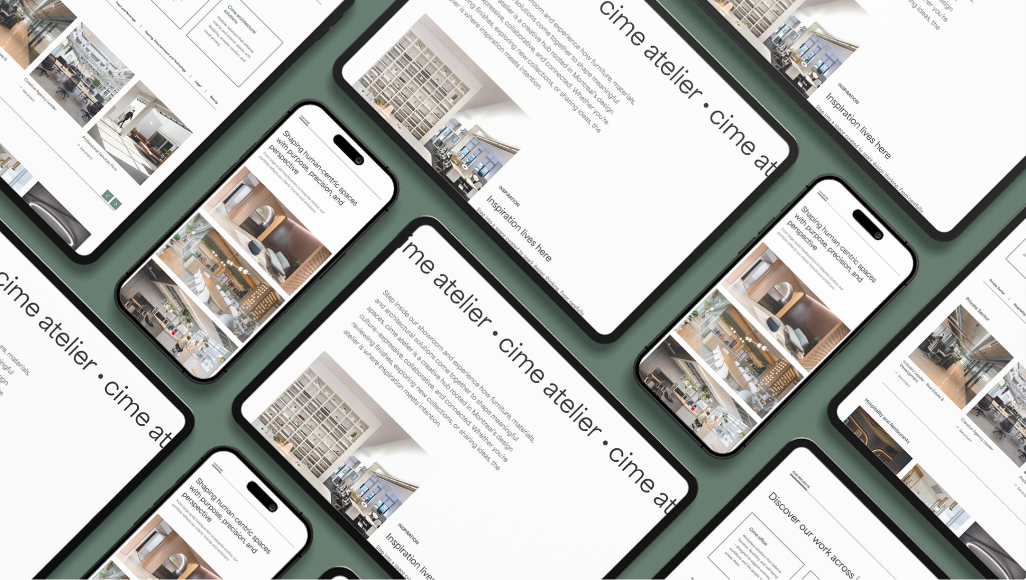 Composition à plat de plusieurs smartphones et tablettes affichant un site web moderne intitulé « cime atelier ». Les écrans présentent du texte, des images d’intérieurs et des mises en page en grille sur fond vert.