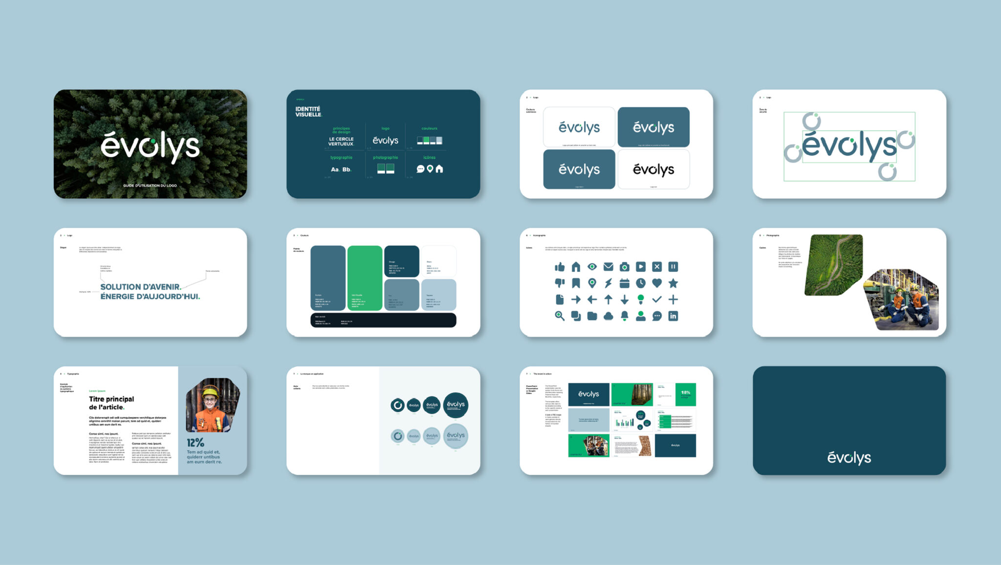 Un ensemble de douze diapositives numériques consacrées à l'identité visuelle de « évolys », présentées sur fond bleu, illustrant les logos, les icônes, les palettes de couleurs, la typographie, les graphiques et les images liés à un projet de conception d'identité visuelle.