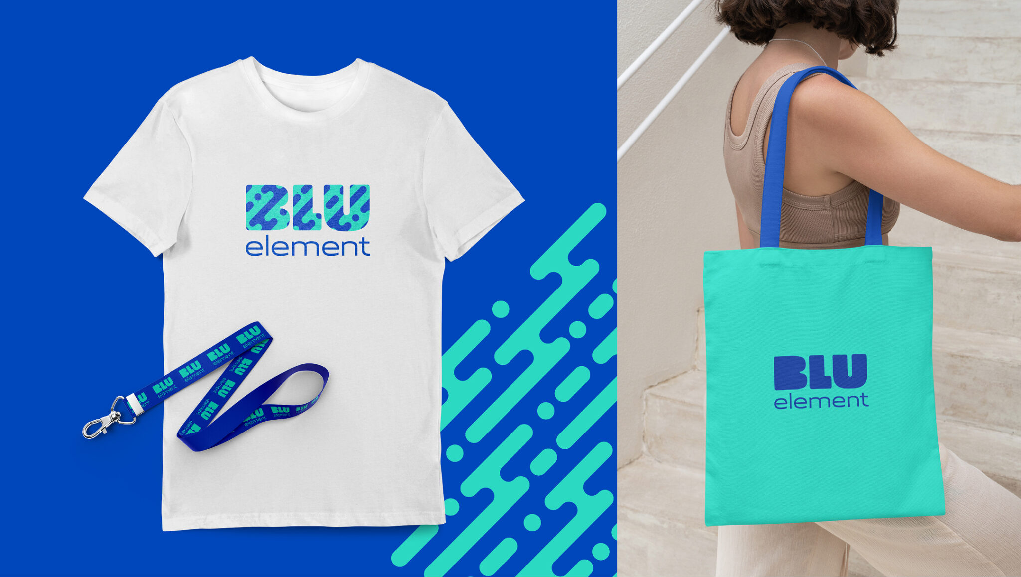 On voit un t-shirt blanc, un cordon bleu et un sac fourre-tout bleu sarcelle, tous arborant le logo « BLU element » en lettres bleues bien visibles. Une personne porte le sac fourre-tout tout en montant les escaliers. L'arrière-plan est orné de lignes diagonales bleues et bleu sarcelle.
