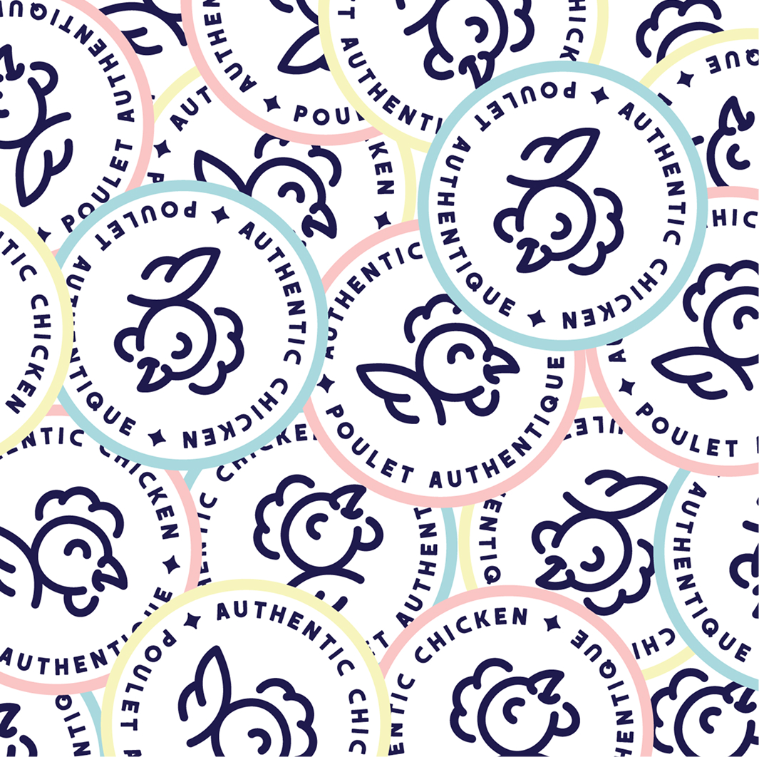 Un motif continu composé de logos circulaires représentant une illustration simple de poulet et le texte « AUTHENTIC CHICKEN • POULET AUTHENTIQUE » en anglais et en français, avec des bordures aux couleurs pastel, symbolisant Olivia’s Chicken.