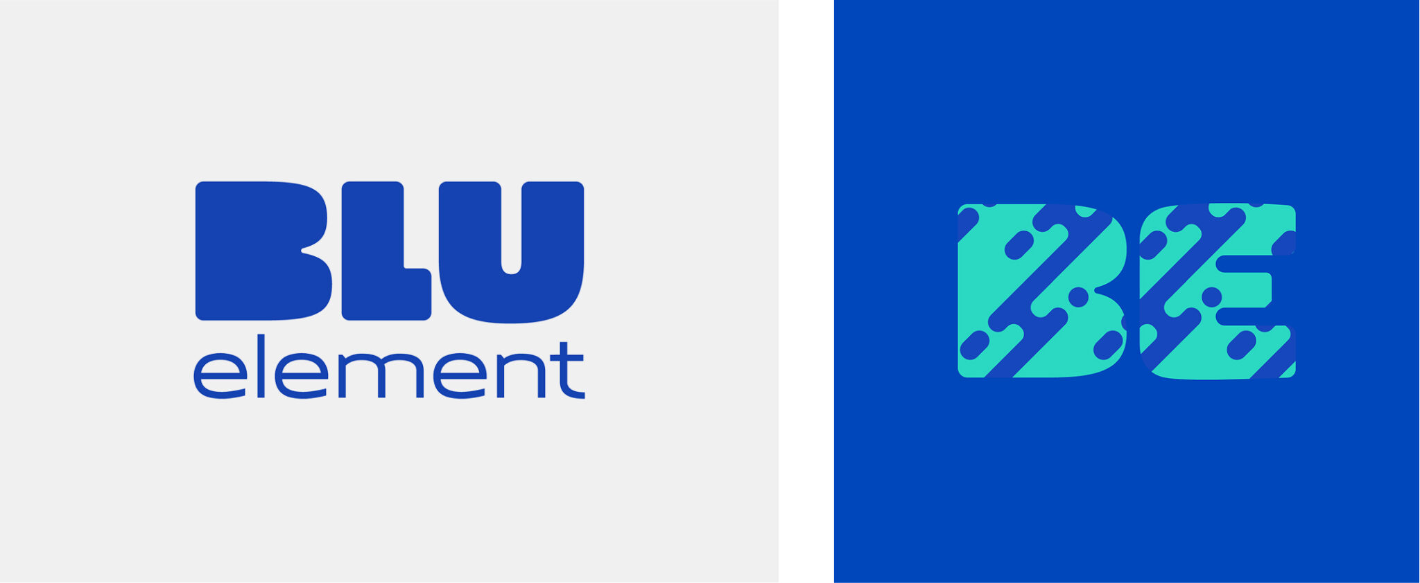 Deux logos : à gauche, « BLU element » en caractères bleus gras et normaux sur fond blanc ; à droite, un « BE » stylisé en bleu sarcelle, agrémenté de points et de rayures bleus, sur un fond bleu uni.