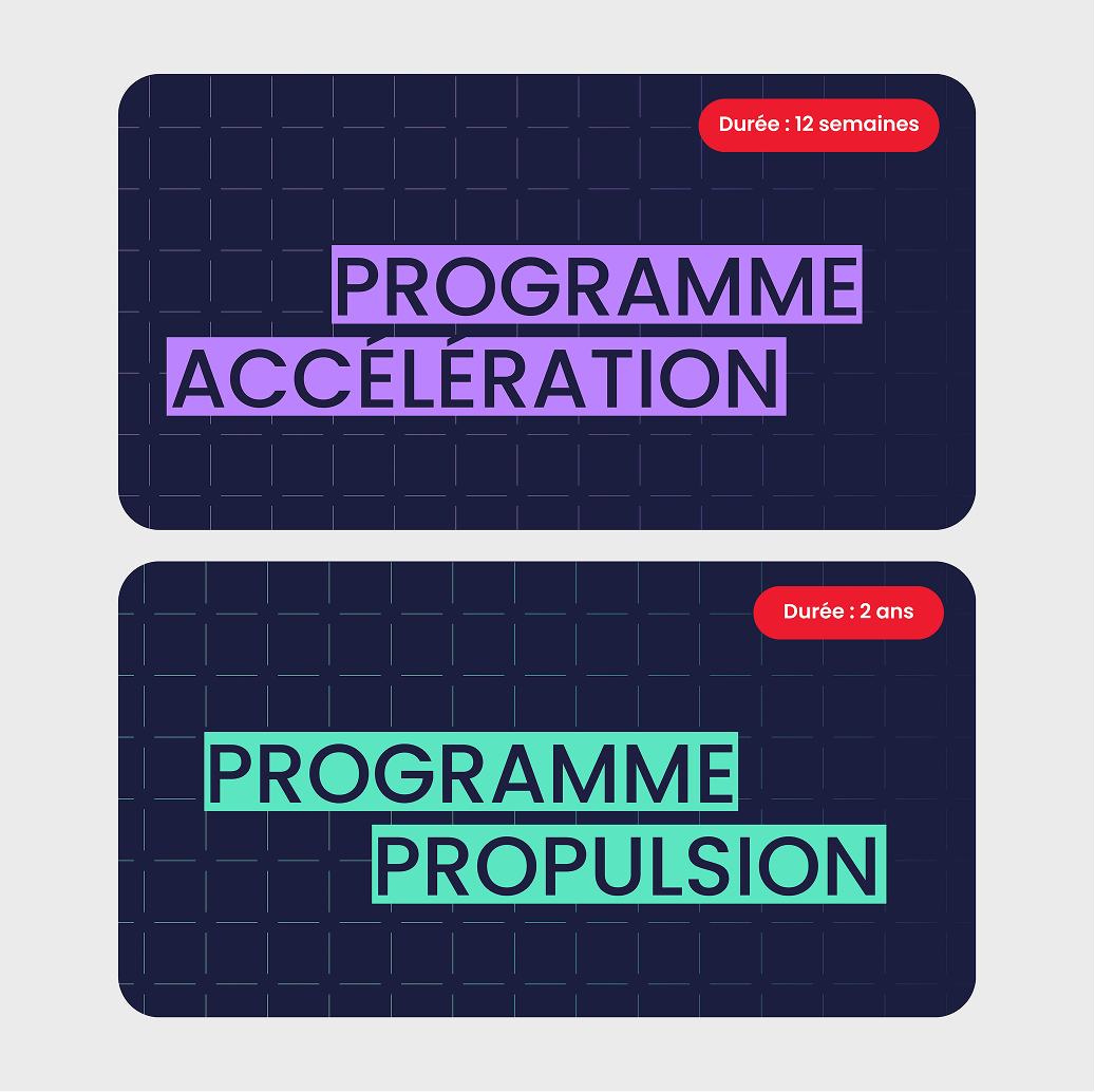 Deux rectangles sombres affichent du texte en français. Celui du haut indique « Programme Accélération », avec une mention en rouge « Durée : 12 semaines ». Celui du bas indique « Programme Propulsion », avec une mention en rouge « Durée : 2 ans ».