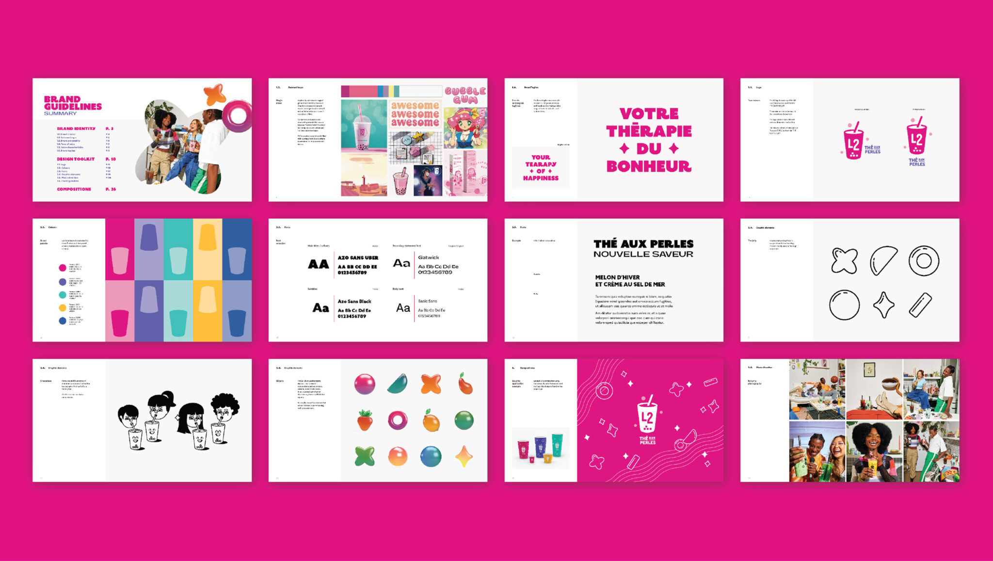 Une présentation de 12 pages consacrée au guide de marque de L2 Bubble Tea est mise en page sous forme de grille sur un fond rose vif ; elle comprend des icônes colorées, des exemples de motifs inspirés du bubble tea, des éléments typographiques, des illustrations et du texte en français.