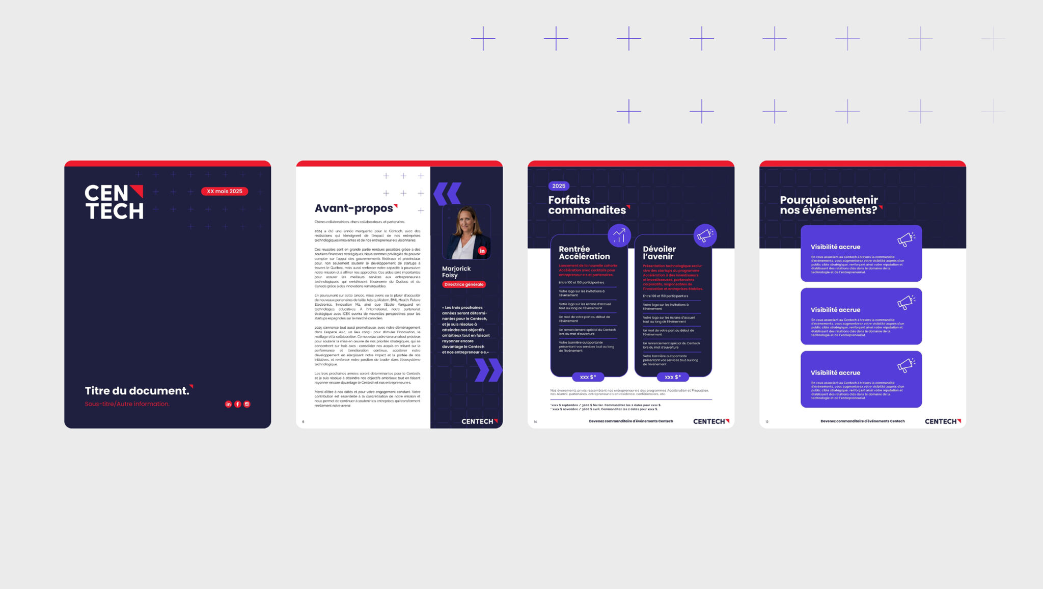 Cinq pages d'un document français émanant de Centech sont affichées côte à côte ; elles comportent des sections contenant du texte, des titres, des images, des schémas et présentent une palette de couleurs bleu foncé, blanc et rouge.