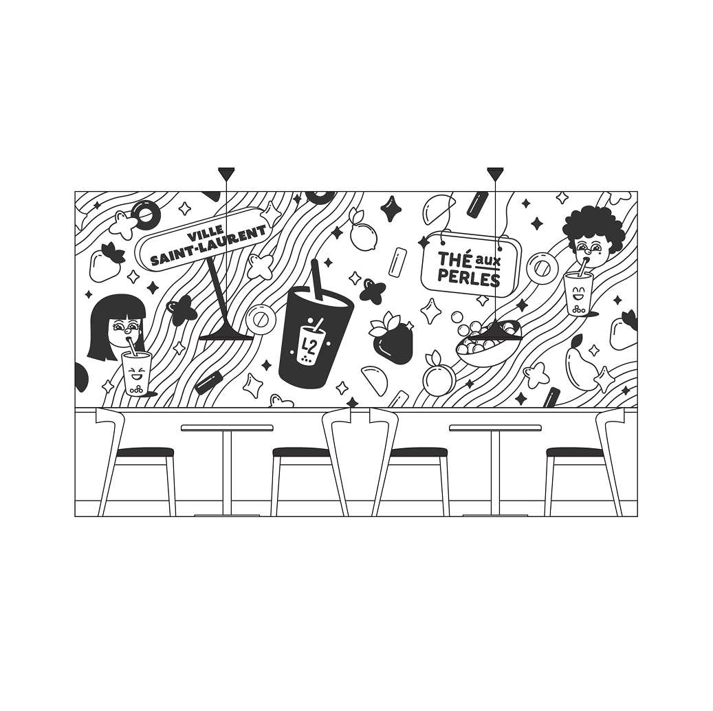 Illustration en noir et blanc représentant l'intérieur d'un café, avec au premier plan des chaises et des tables vides. La fresque murale aux couleurs vives qui orne le mur du fond représente un thé aux perles L2, des fruits, deux personnages de bande dessinée, ainsi que les inscriptions « VILLA SAINT-LAURENT » et « THÉ AUX PERLES ».