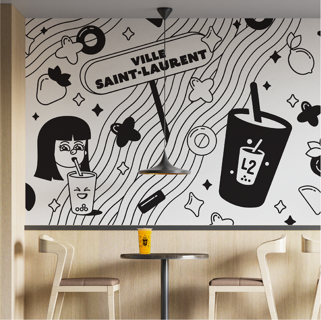 Fresque en noir et blanc représentant des illustrations ludiques sur le thème du bubble tea : une jeune fille en train de siroter un L2 Bubble Tea, des fruits, ainsi qu'une enseigne indiquant « Ville Saint-Laurent » au-dessus d'une table avec deux chaises et un gobelet jaune de bubble tea.