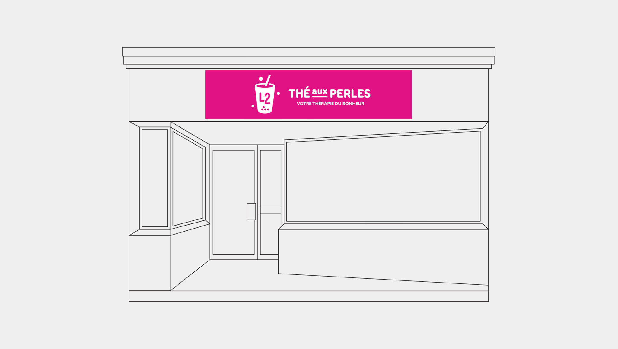 Dessin au trait représentant la devanture d'un magasin, avec une enseigne rose portant l'inscription « L2 THÉ AUX PERLES VOTRE THÉRAPIE DU BONHEUR », une tasse de thé aux perles illustrée accompagnée d'une paille, ainsi que des fenêtres et une porte aux contours noirs — illustrant à la perfection l'esprit de L2 Bubble Tea.
