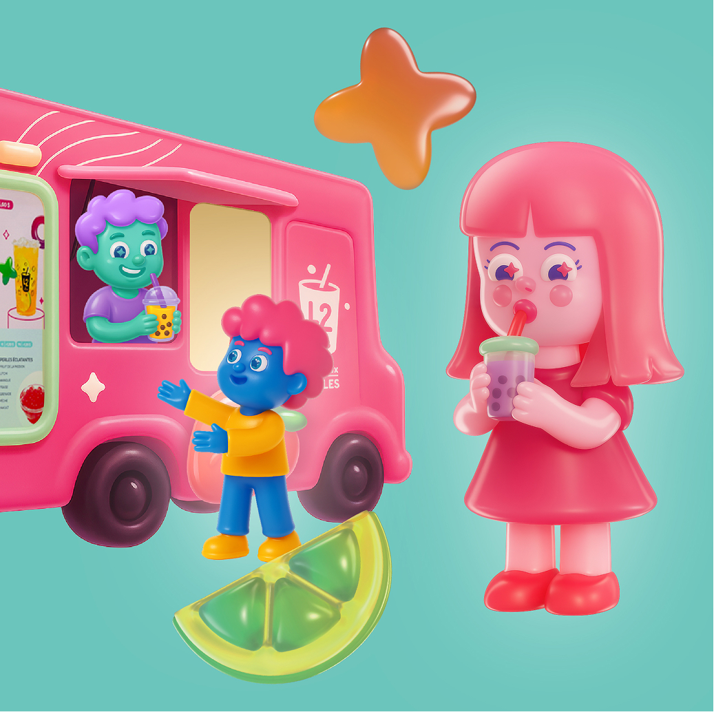 Une illustration fantaisiste représentant des personnages colorés, aux allures de jouets, en train d'acheter un bubble tea L2 dans un food truck rose. L'un d'eux savoure son bubble tea, tandis qu'un autre tend la main vers un ami ; à proximité se trouvent une étoile en gomme et un quartier de citron vert.