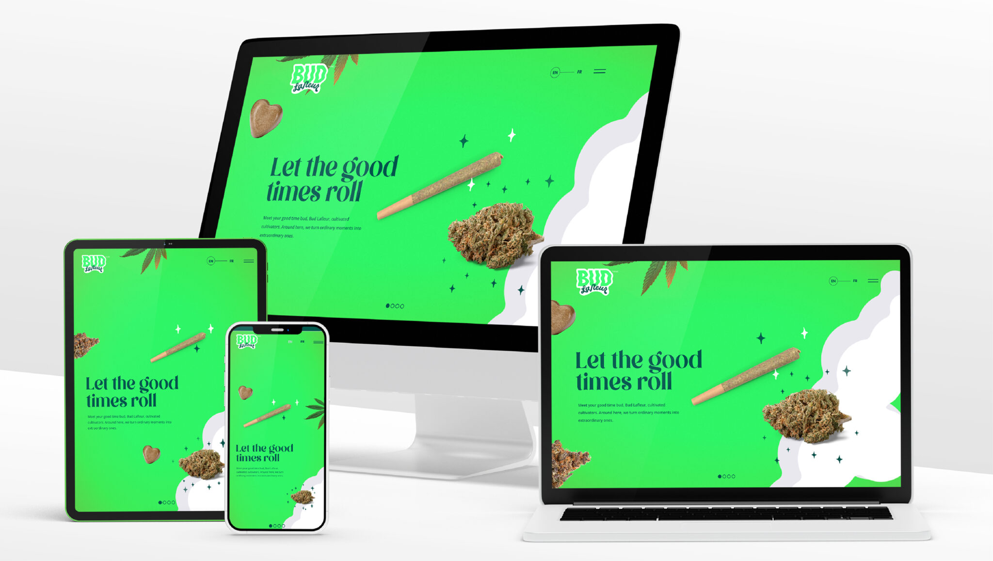 Un site web aux couleurs vert vif sur le thème du cannabis, affiché sur un écran d'ordinateur de bureau, un ordinateur portable, une tablette et un smartphone, comportant le texte « Let the good times roll » ainsi que des images d'un joint et de têtes de cannabis.