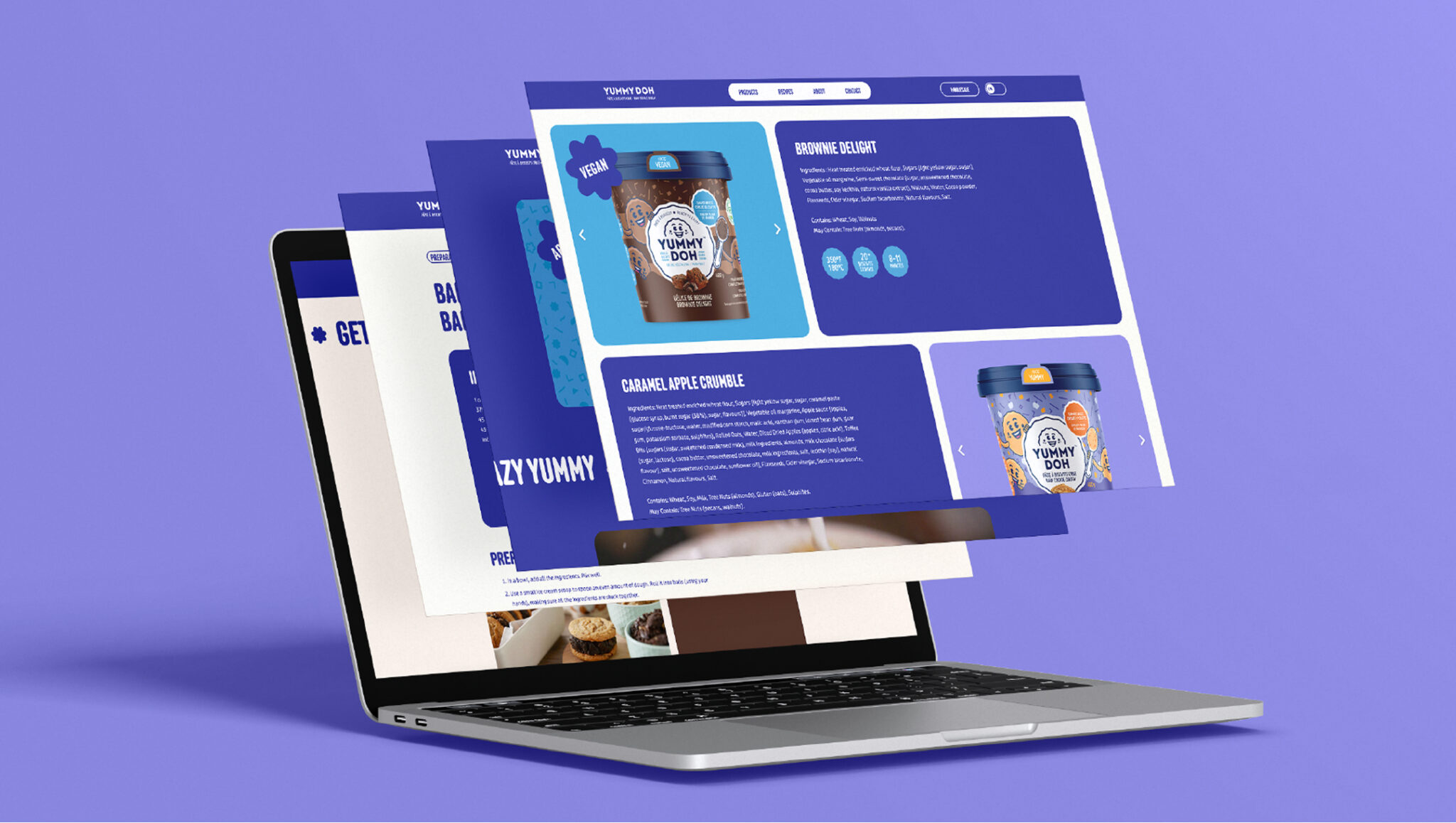 Un ordinateur portable affiche des fenêtres de sites web flottantes présentant le logo bleu et blanc d'une marque de glaces, ainsi que des images et des descriptions de produits, le tout sur un fond violet uni.