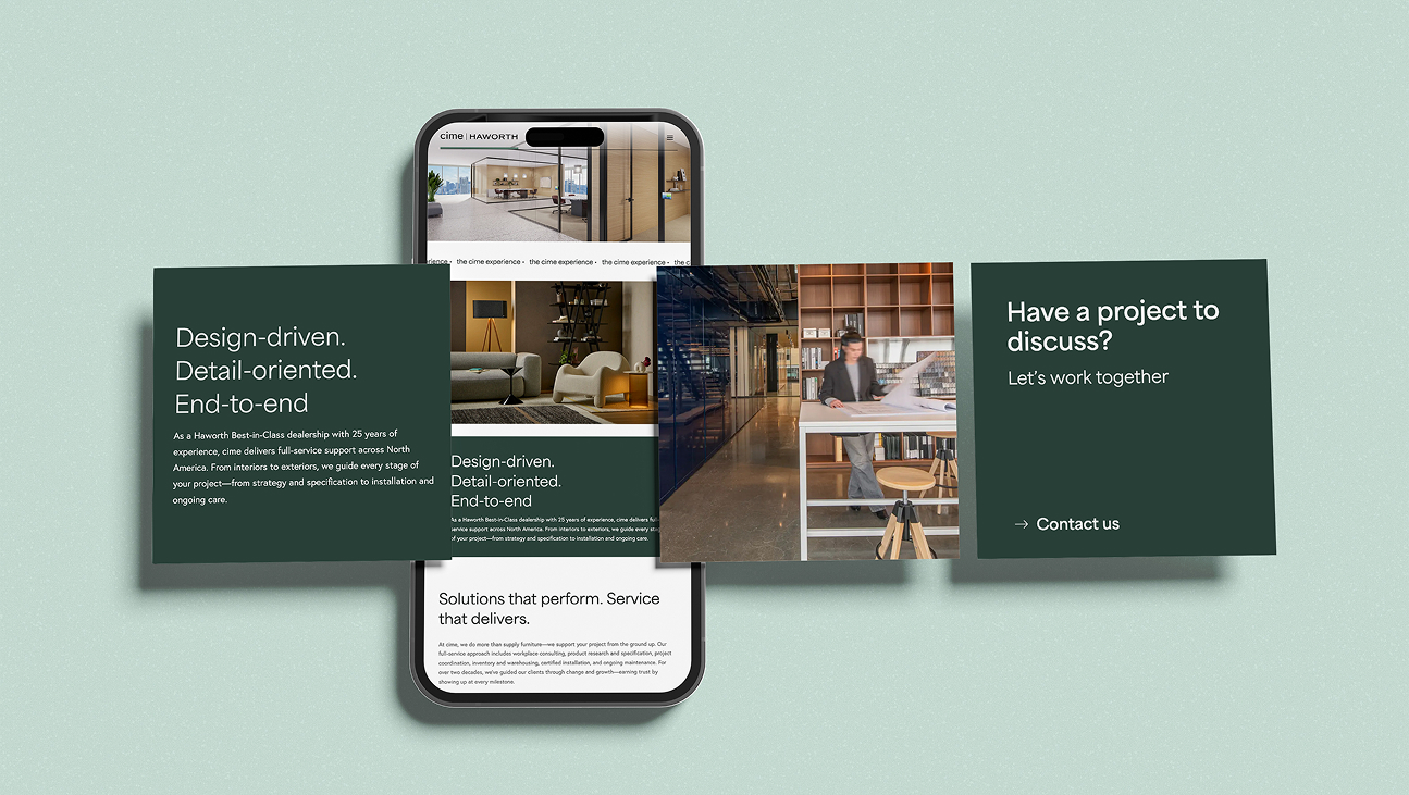 Un smartphone affiche une page web entourée de trois cartes vert foncé, sur lesquelles figurent des informations concernant le design, les services proposés et une invitation à prendre contact. L'arrière-plan est de couleur vert clair.