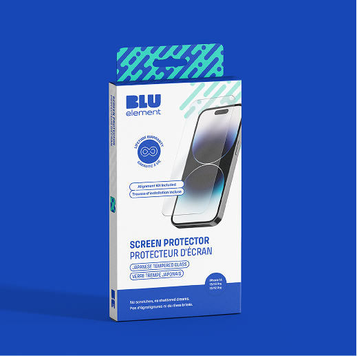Une boîte de protections d'écran BLU Element pour smartphones est présentée à la verticale sur un fond bleu, avec les détails du produit en anglais et en français, ainsi qu'une image d'un téléphone équipé d'une protection d'écran.