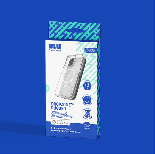 Une coque de téléphone BLU Element DropZone Rugged pour Google Pixel, présentée dans un emballage transparent, sur laquelle figurent, sur fond bleu, des icônes indiquant qu'elle est fabriquée à partir de matériaux 100 % recyclés, qu'elle offre une protection contre les chutes de 8ft et qu'elle est résistante au jaunissement.