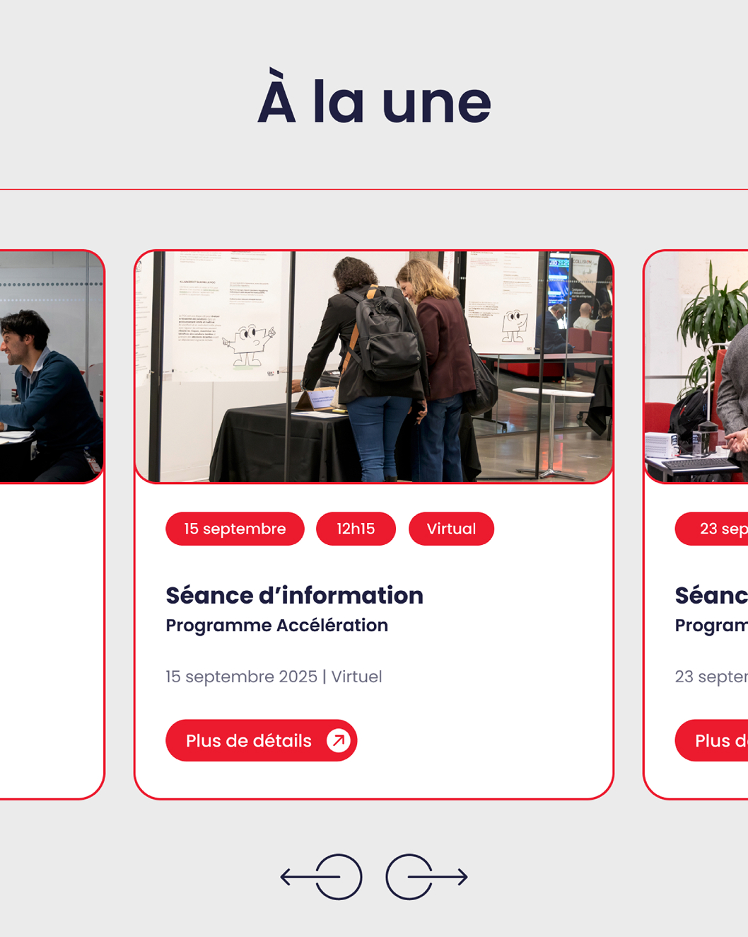 Trois cartes d'événement sont affichées, celle du milieu étant mise en évidence. On y voit des personnes debout devant un stand orné d'affiches, faisant la promotion d'une séance d'information virtuelle consacrée à un programme d'accélération qui se tiendra le 15 septembre 2025.