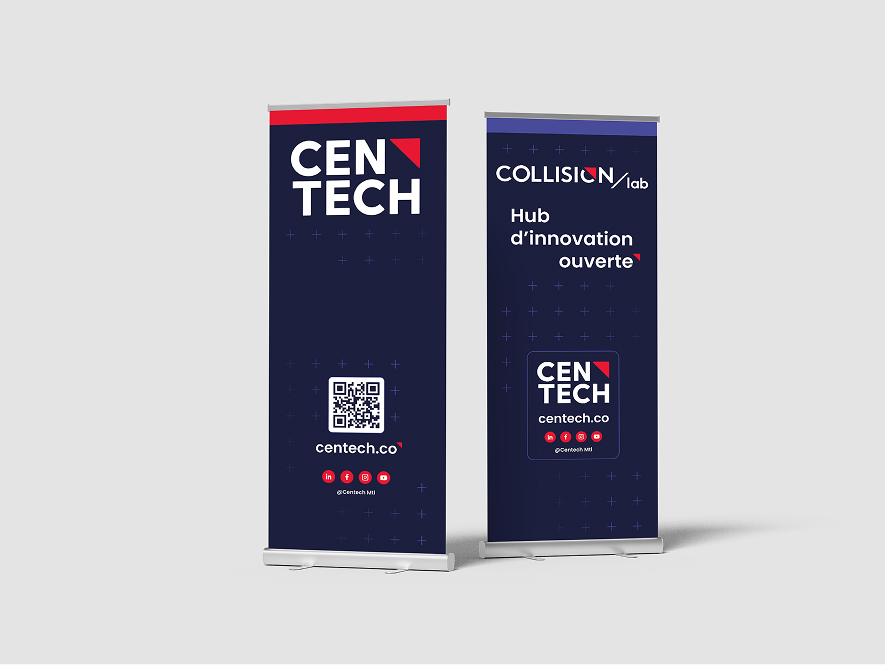 Deux bannières verticales sur un fond clair. La bannière de gauche affiche « CENTECH » et un code QR. Celle de droite porte la mention « COLLISION/ lab Hub d’innovation ouverte » et comporte le logo de CENTECH ainsi qu’une adresse web.