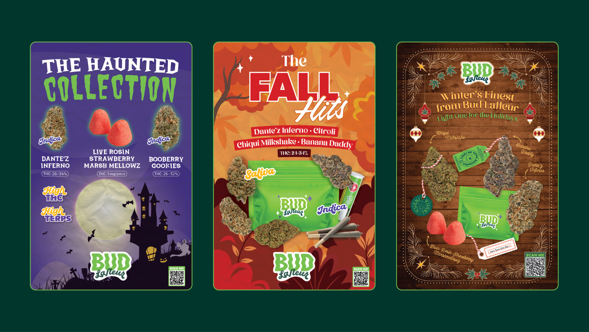 Trois affiches illustrées présentent des collections thématiques autour du cannabis : une maison hantée pour Halloween, des feuilles d'automne pour la saison automnale et des pains d'épices festifs pour l'hiver, chacune mettant en scène des têtes de cannabis étiquetées et des bonbons gélifiés colorés.