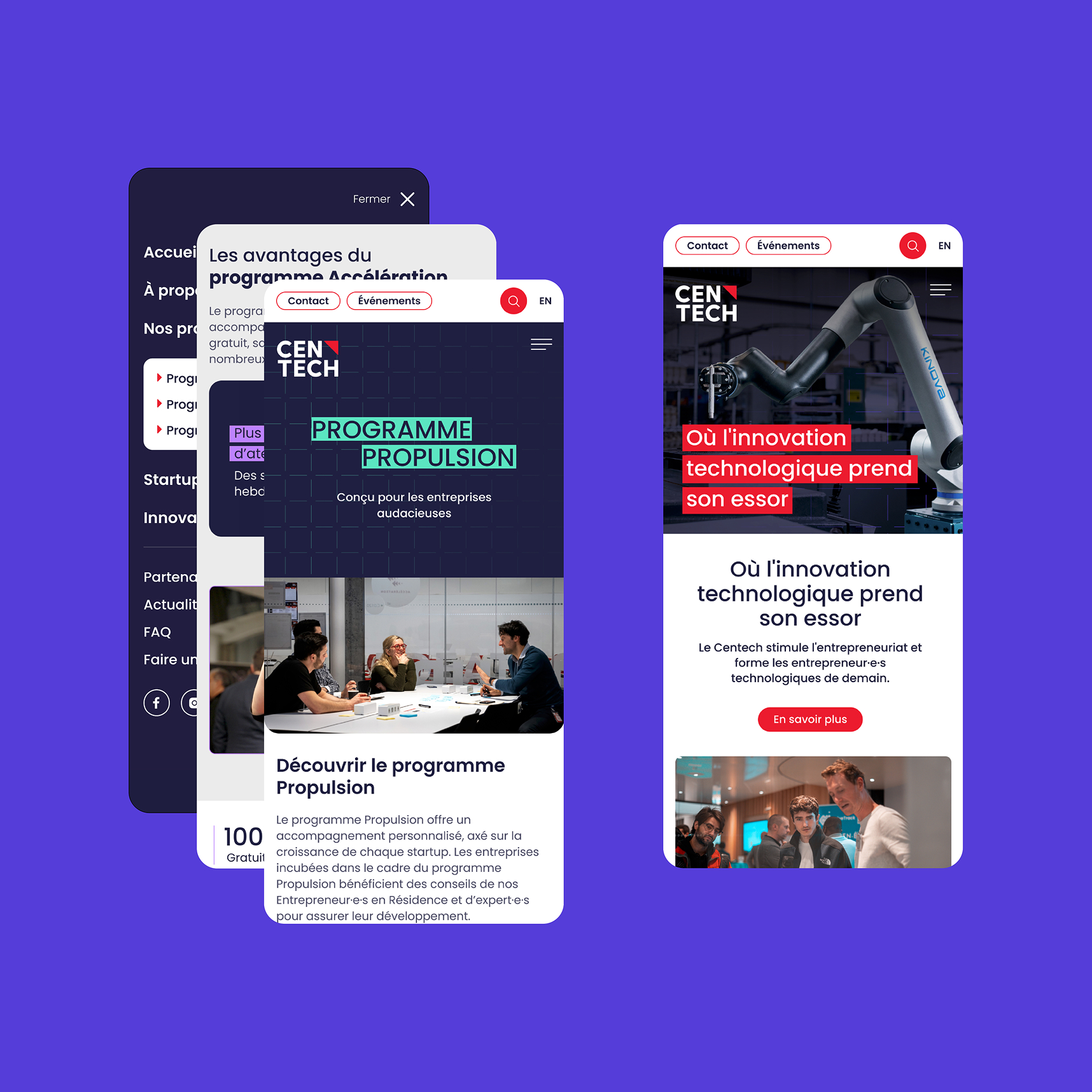 Trois écrans d'appareils mobiles affichent un site web consacré à la technologie, présentant des rubriques sur un programme d'innovation, les avantages et le développement technologique, avec des images de personnes au travail, d'un bras robotisé et d'une réunion, le tout sur un fond violet.