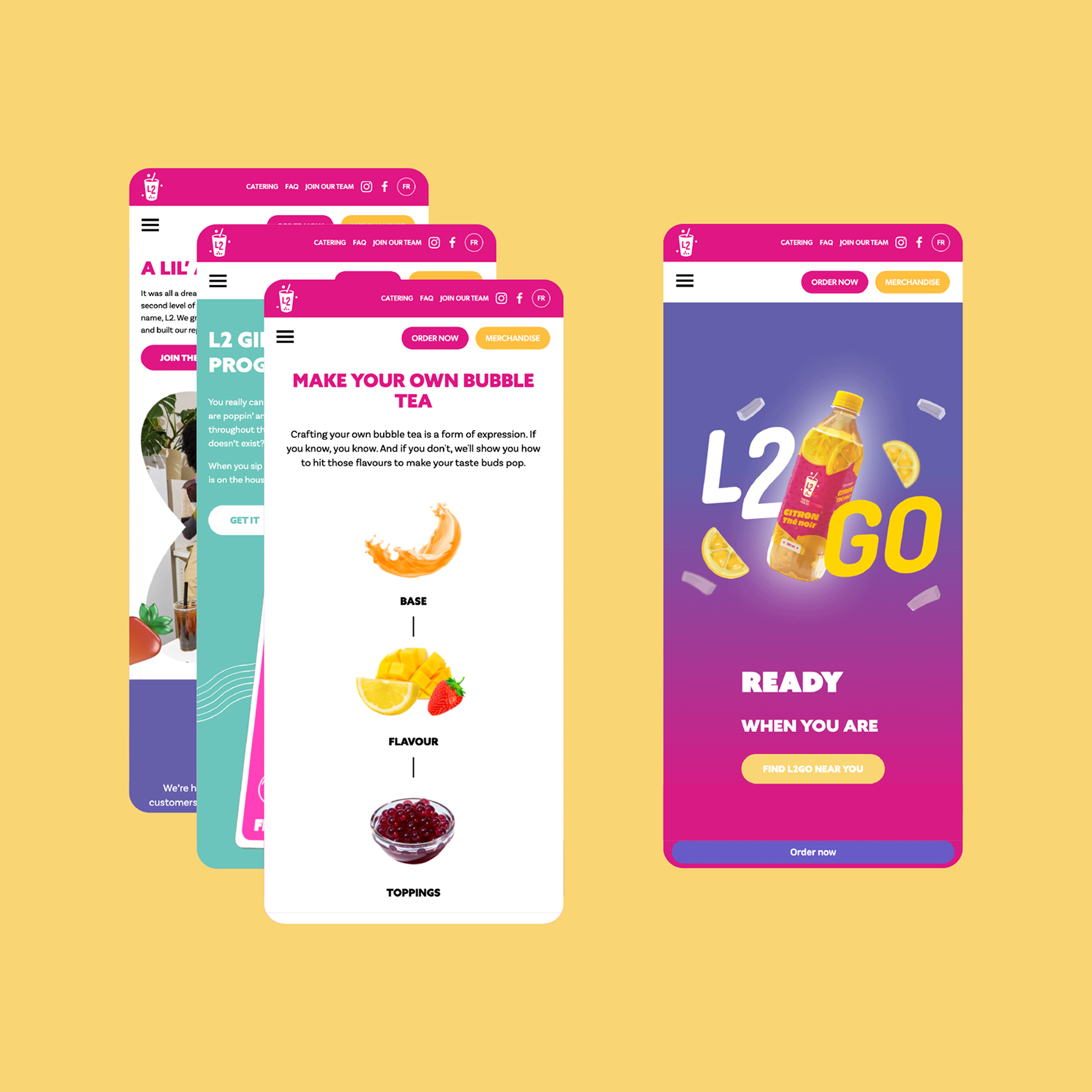 Quatre écrans colorés d'une application mobile dédiée à une marque de thé aux perles sont présentés sur un fond jaune. Ils mettent en avant les options de personnalisation des boissons, l'identité visuelle de la marque ainsi qu'une bouteille de thé aux perles accompagnée du texte « PRÊT QUAND VOUS L'ÊTES ».