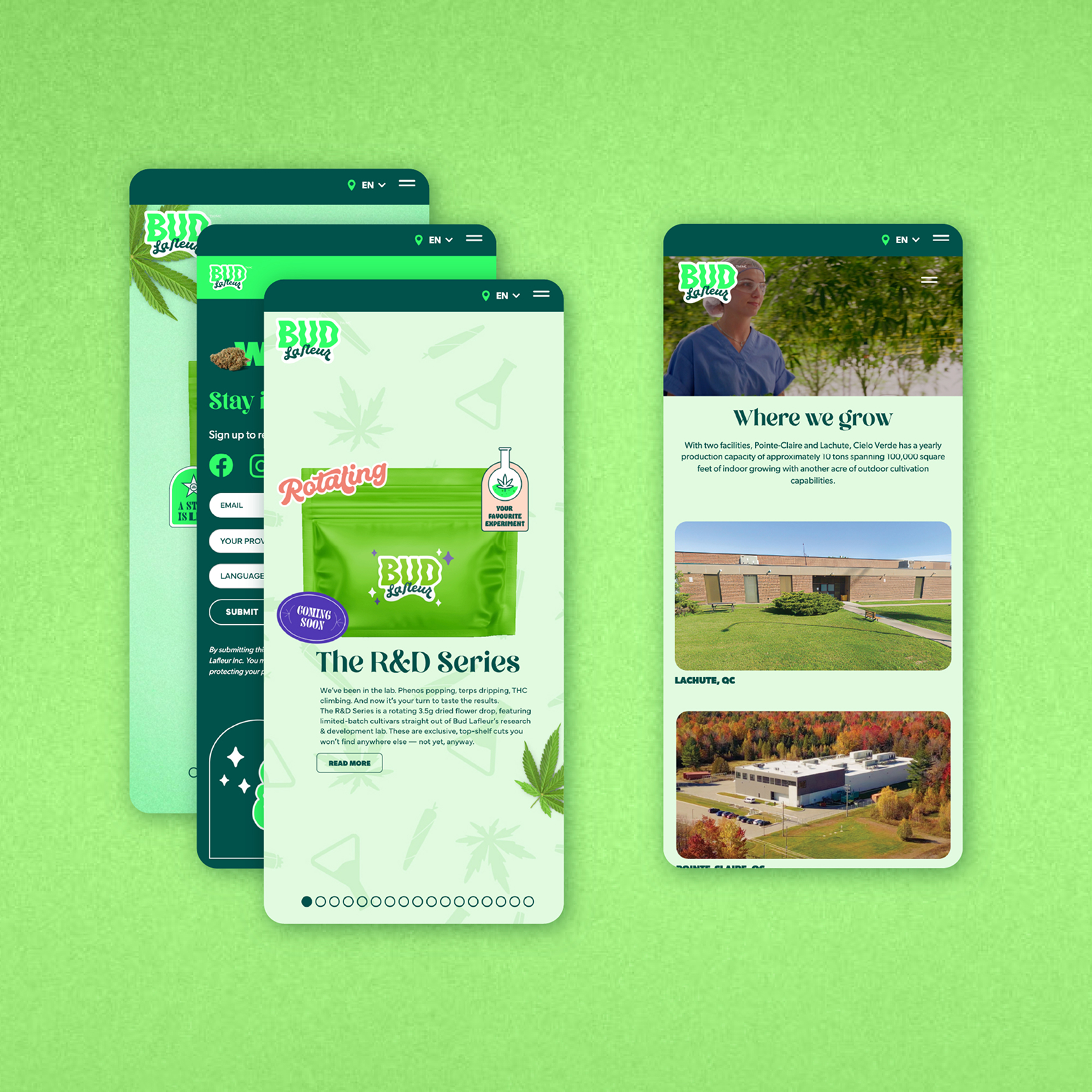 Trois écrans mobiles présentent l'application d'une marque de cannabis : l'un propose de s'abonner à la newsletter, un autre met en avant une gamme de produits intitulée « The R&D Series », et le dernier présente les emplacements des sites de production à l'aide d'images de bâtiments et de végétation.
