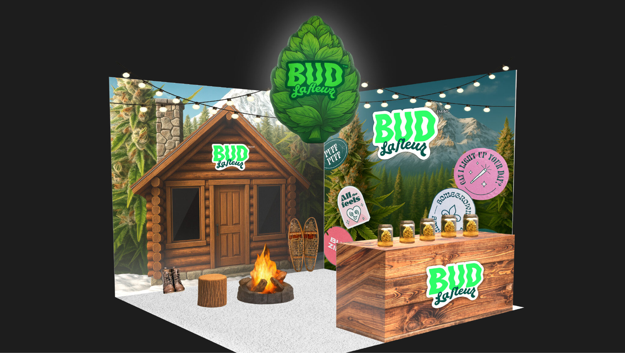 Un stand de salon avec, en arrière-plan, une cabane, des pins, un feu de camp et des raquettes. Le stand comporte un comptoir en bois sur lequel sont disposés des bocaux, des pancartes « BUD & brew », des guirlandes lumineuses et des décorations ludiques, le tout dans une ambiance chaleureuse inspirée de la nature.