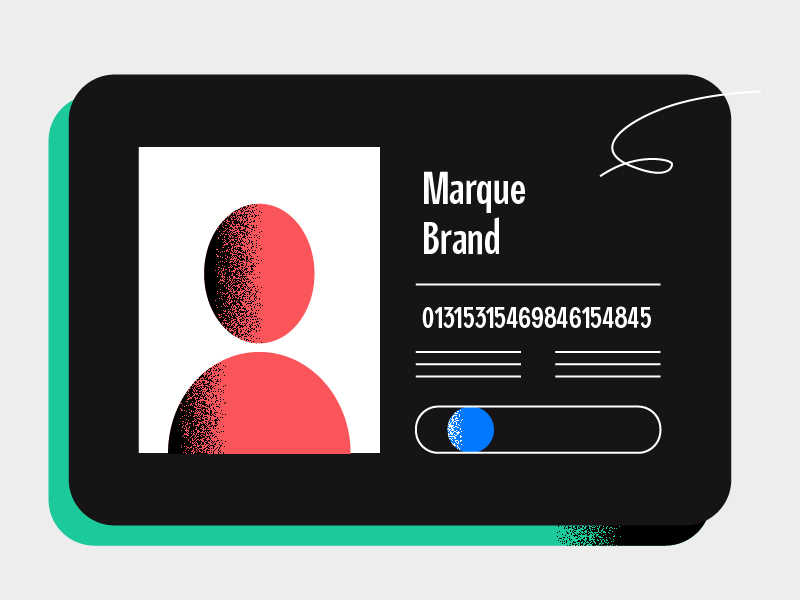 Illustration d'une carte d'identité comportant une photo en silhouette rouge, le texte « Marque Brand », un long numéro, des lignes ressemblant à un code-barres et une icône circulaire bleue sur un fond noir et vert menthe — idéale pour illustrer l'identité de marque.