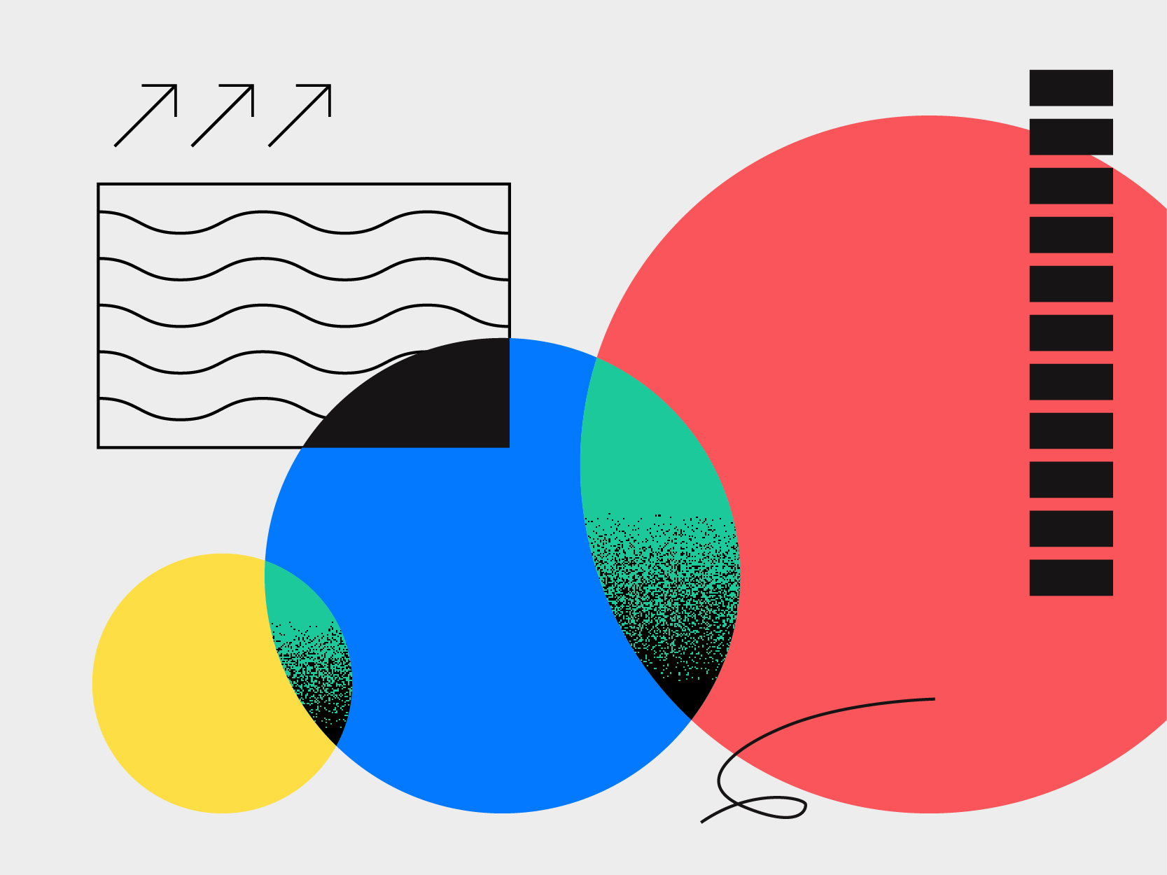 Illustration abstraite composée de cercles colorés qui se chevauchent, d'éléments graphiques tels qu'un demi-cercle noir, des rectangles ornés de lignes ondulées et de flèches, des carrés empilés et une ligne ondulée — idéale pour un graphisme moderne destiné aux entreprises et au développement des activités créatives.