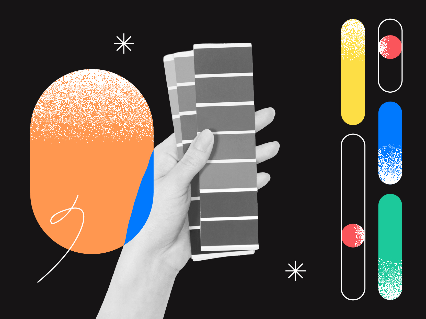 Un graphiste présente des nuanciers de couleurs sur un fond noir orné de formes abstraites — ovale orange, dégradés de couleurs, barres verticales et symboles en forme d'étoile —, mettant ainsi en valeur un graphisme créatif destiné à renforcer l'image de marque de l'entreprise.