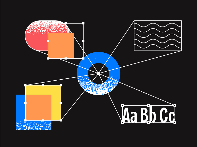 Un anneau texturé bleu et blanc est placé au centre d'un fond noir, relié par des lignes blanches à des formes abstraites, des blocs de couleur, des lignes ondulées et le texte « Aa Bb Cc » — idéal pour illustrer le processus d'élaboration d'une charte graphique.