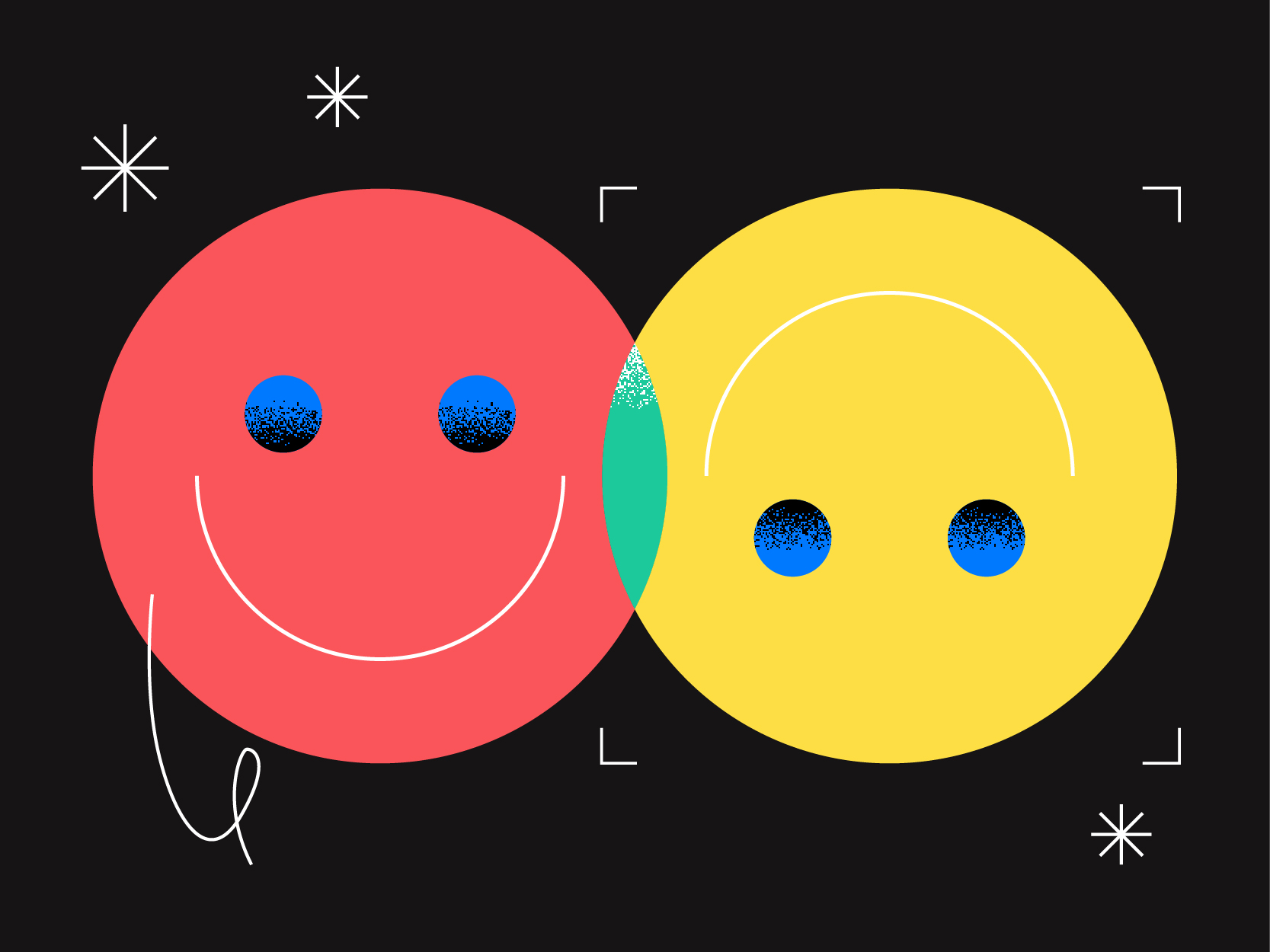 Deux grands cercles, l'un rouge et l'autre jaune, se chevauchent sur un fond noir. Chacun d'eux comporte un visage souriant aux yeux bleus, reflétant un design axé sur l'émotion. Des étoiles blanches et une zone ombrée en vert à l'intersection des cercles renforcent l'identité de la marque.