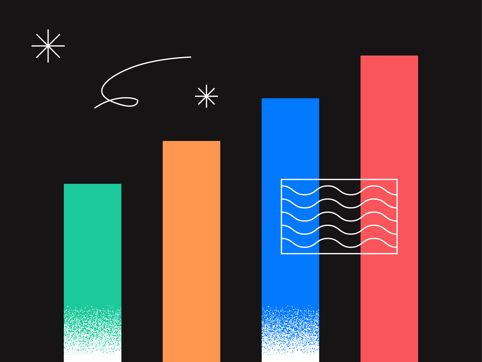 Un graphique à barres composé de quatre barres verticales de couleur verte, orange, bleue et rouge sur fond noir. Des lignes ondulées blanches, des étoiles et une courbe abstraite viennent renforcer l'identité forte de la marque. La barre bleue comporte un rectangle blanc aux contours tracés de lignes ondulées.