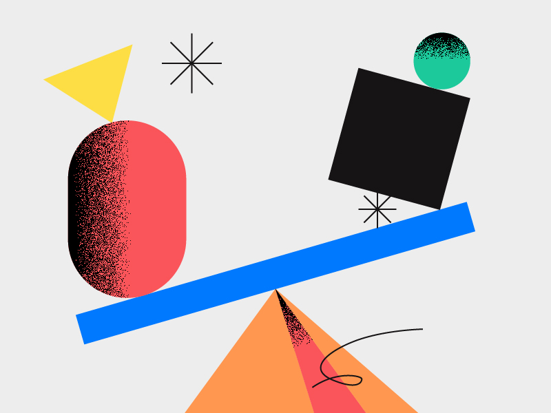 Œuvre d'art géométrique abstraite alliant héritage et nouveauté, composée d'un ovale rouge et d'un triangle jaune à gauche, d'un carré noir au sommet vert à droite, le tout en équilibre sur une balançoire bleue posée sur des triangles orange, avec des rayons en forme d'étoile sur un fond gris clair.