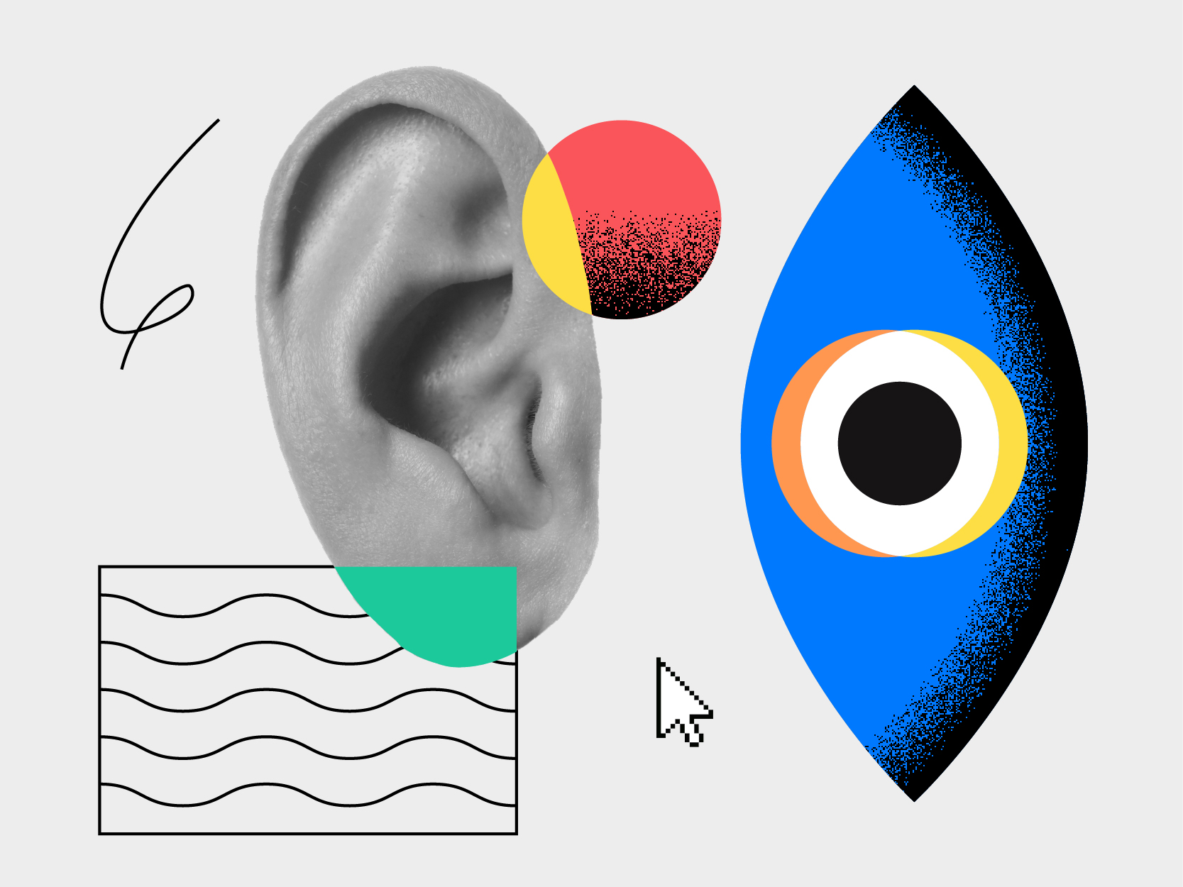 Collage abstrait composé d'une oreille en niveaux de gris, de formes géométriques colorées, de lignes ondulées, d'une icône de curseur et de gribouillis noirs sur un fond clair. Ce motif allie des formes organiques et des éléments numériques, faisant écho à la créativité du webdesign inclusif.