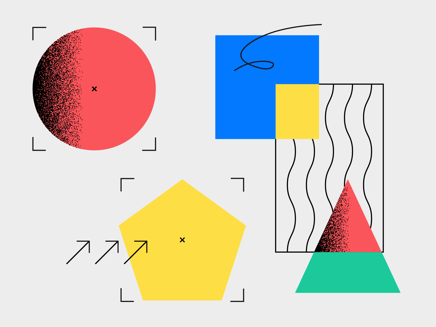 Illustration abstraite représentant un cercle rouge, un pentagone jaune, un carré bleu, un carré jaune, un triangle vert et un triangle rouge, agrémentée de diverses lignes et motifs — une source d'inspiration idéale pour créer un logo percutant sur un fond gris clair.