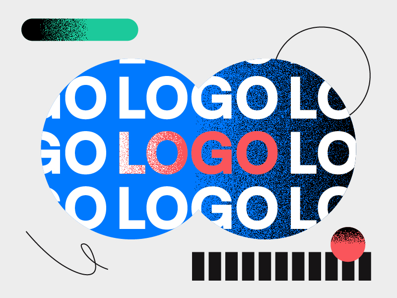 Deux cercles qui se chevauchent, remplis d'un texte blanc répété indiquant « LOGO » sur des fonds bleus et foncés, avec un « LOGO » rouge au centre pour faire ressortir le logo. Des formes géométriques et des lignes ornent le fond gris qui les entoure.