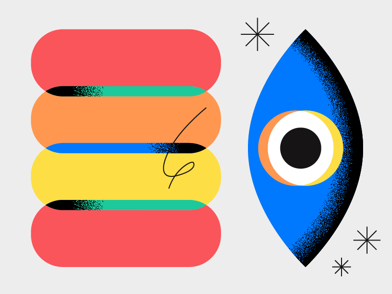 Illustration abstraite composée de quatre rectangles arrondis empilés à gauche, de couleur rouge, orange et jaune, et d’une forme bleue ressemblant à un œil, ornée de cercles concentriques et de deux rayons en étoile à droite — un graphisme audacieux, idéal pour les visuels d’entreprise —, le tout sur un fond gris clair.