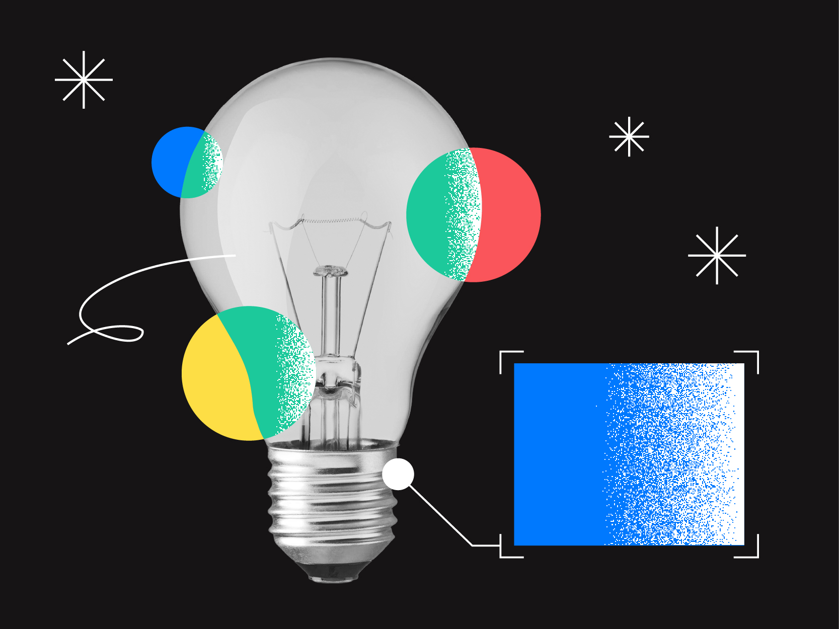 Une ampoule entourée de formes géométriques colorées, de lignes abstraites blanches et d'étoiles, sur fond noir : une source d'inspiration idéale pour développer des concepts de marque et forger une identité de marque forte.